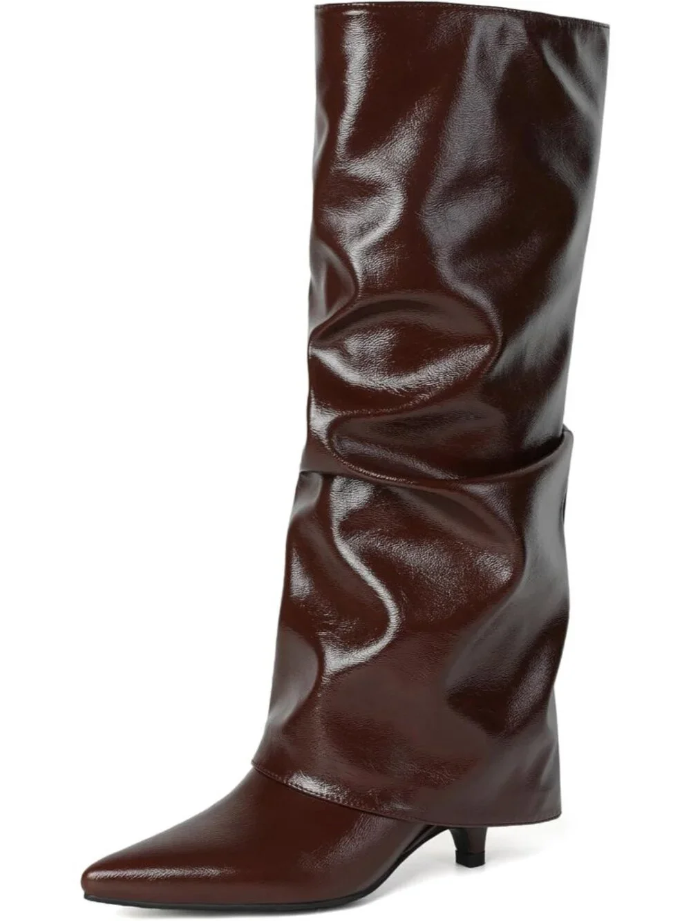 Women Coffee Faux Leather Pointed-Toe Folded Wide Calf Low Kitten Knee-High Boot